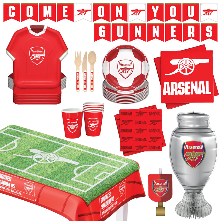 Official Arsenal FC Party Box for 6 Guests | All in One 75 / 77 pcs incl. Disposable Tableware Set w/Cutlery, Decorations & Party Favors | Plus Jersey Foil Balloons | Perfect for Matchday & birthday celebrate