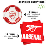 Official Arsenal FC Party Box for 6 Guests | All in One 75 / 77 pcs incl. Disposable Tableware Set w/Cutlery, Decorations & Party Favors | Plus Jersey Foil Balloons | Perfect for Matchday & birthday celebrate