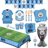 Official Manchester City FC Party Box for 6 Guests | All in One 75 / 77 pcs incl. Disposable Tableware Set w/Cutlery, Decorations & Party Favors + Plus Jersey Foil Balloons | Perfect for Matchday & birthday celebrate